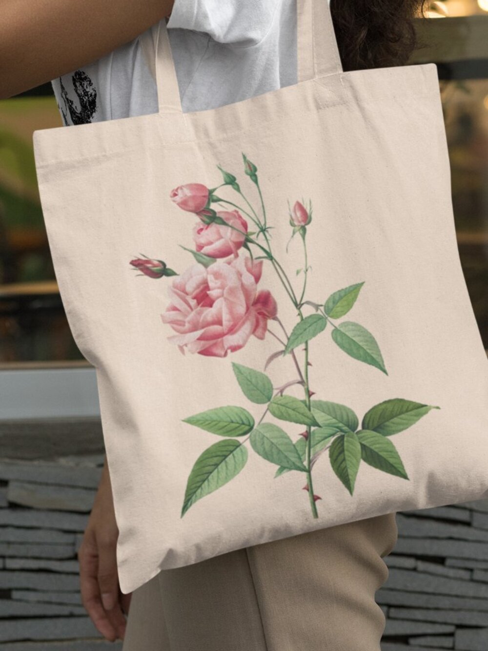 French Rose Vintage Floral Print Graphic Canvas Tote Bag - Picture 1 of 5